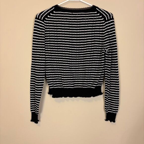 J. Crew Black & White Striped Lace Trim Button Front Cardigan Sweater Small - Picture 2 of 5